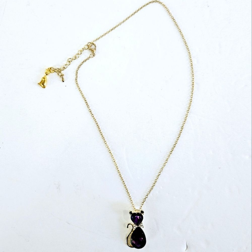 Rhinestone Kitten February Birthstone Purple Amethyst Gold Tone Charm Necklace